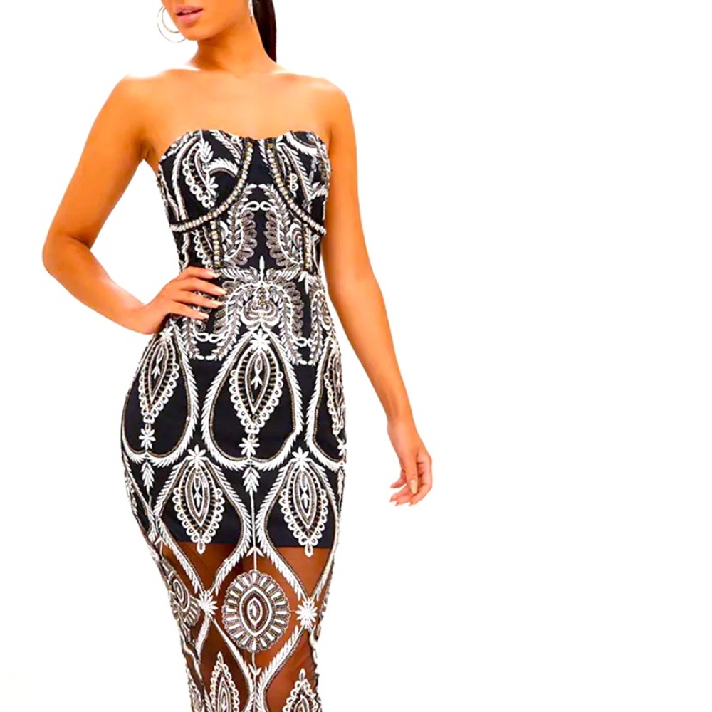 Premium Black Sequin Embroidered Midi Dress